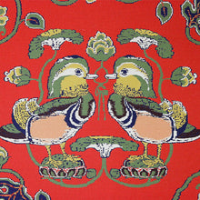 Load image into Gallery viewer, Hanging scroll with mandarin duck and arabesque design on red ground