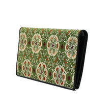 Load image into Gallery viewer, Leather-lined wallet with zipper, design of flowers, birds and plum blossoms in green
